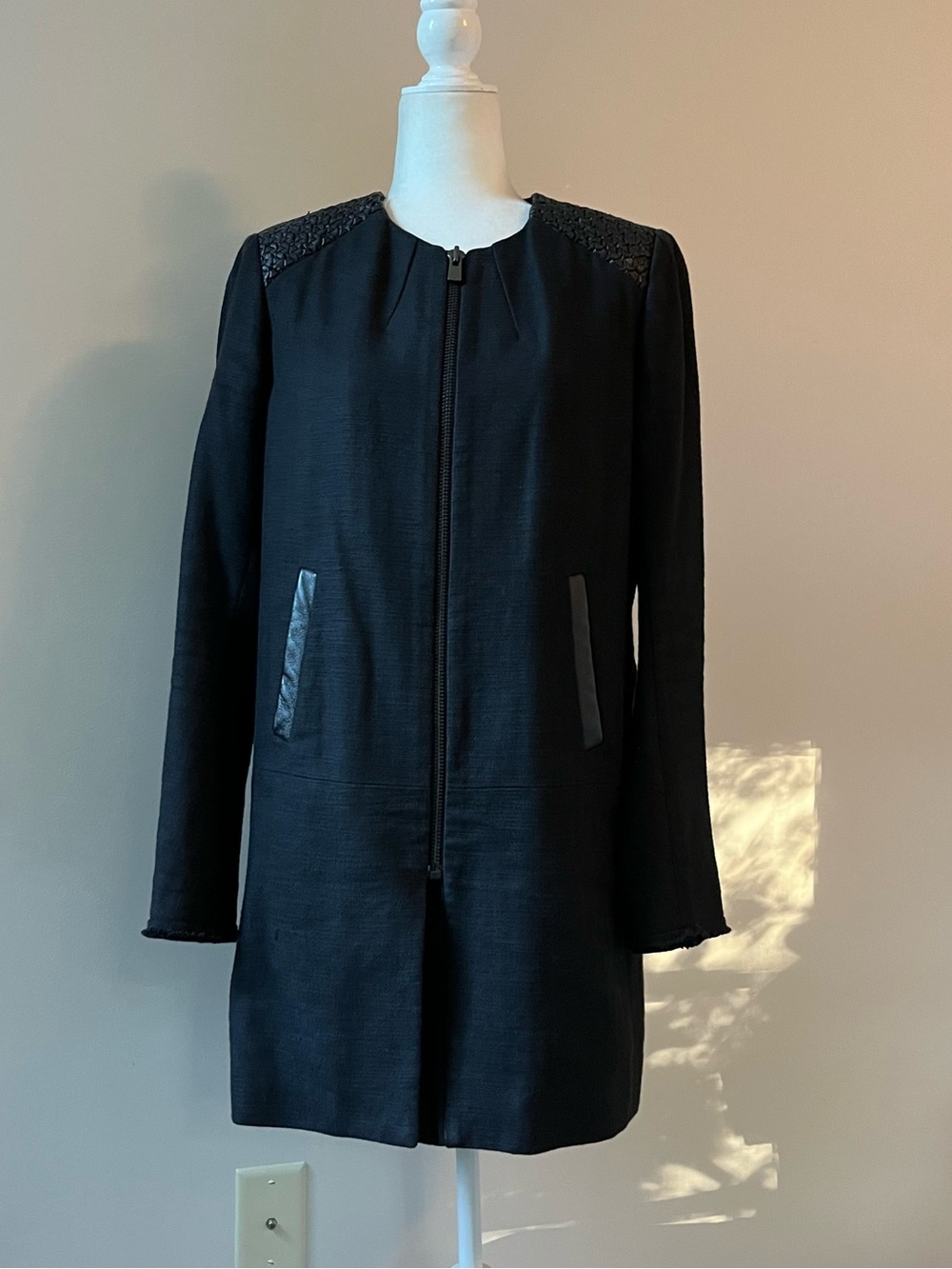 maje Black Cotton/Linen Alarm Zip-Front Coat with Leather-Trim
